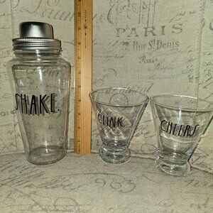 Drinkware--Clear Glass (and metal) With Cute Captions (Drink Shaker & 2 Glasses)